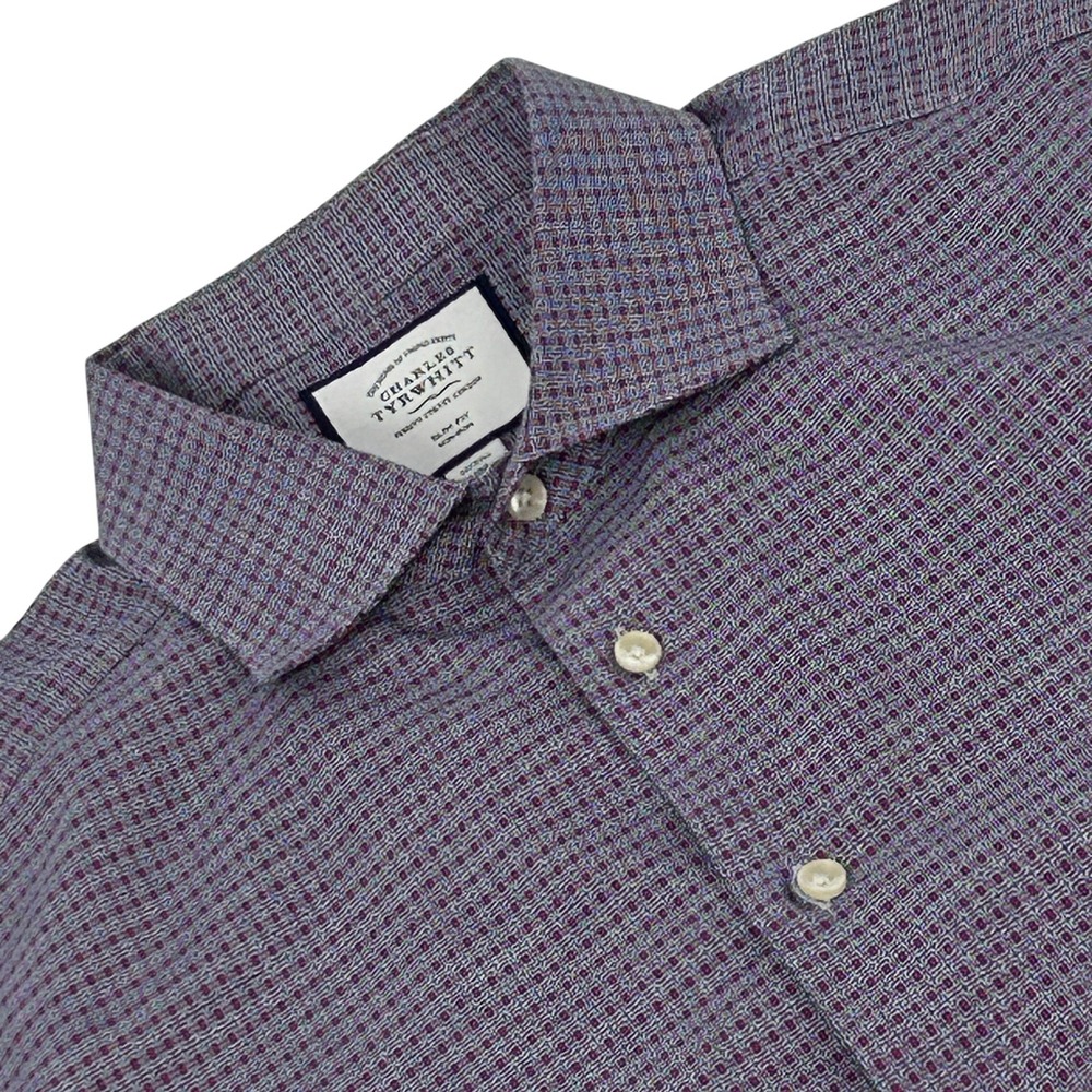 Charles Tyrwhitt Dress Shirt Mens 17/37 Purple Slim Fit Non-Iron Geometric Print